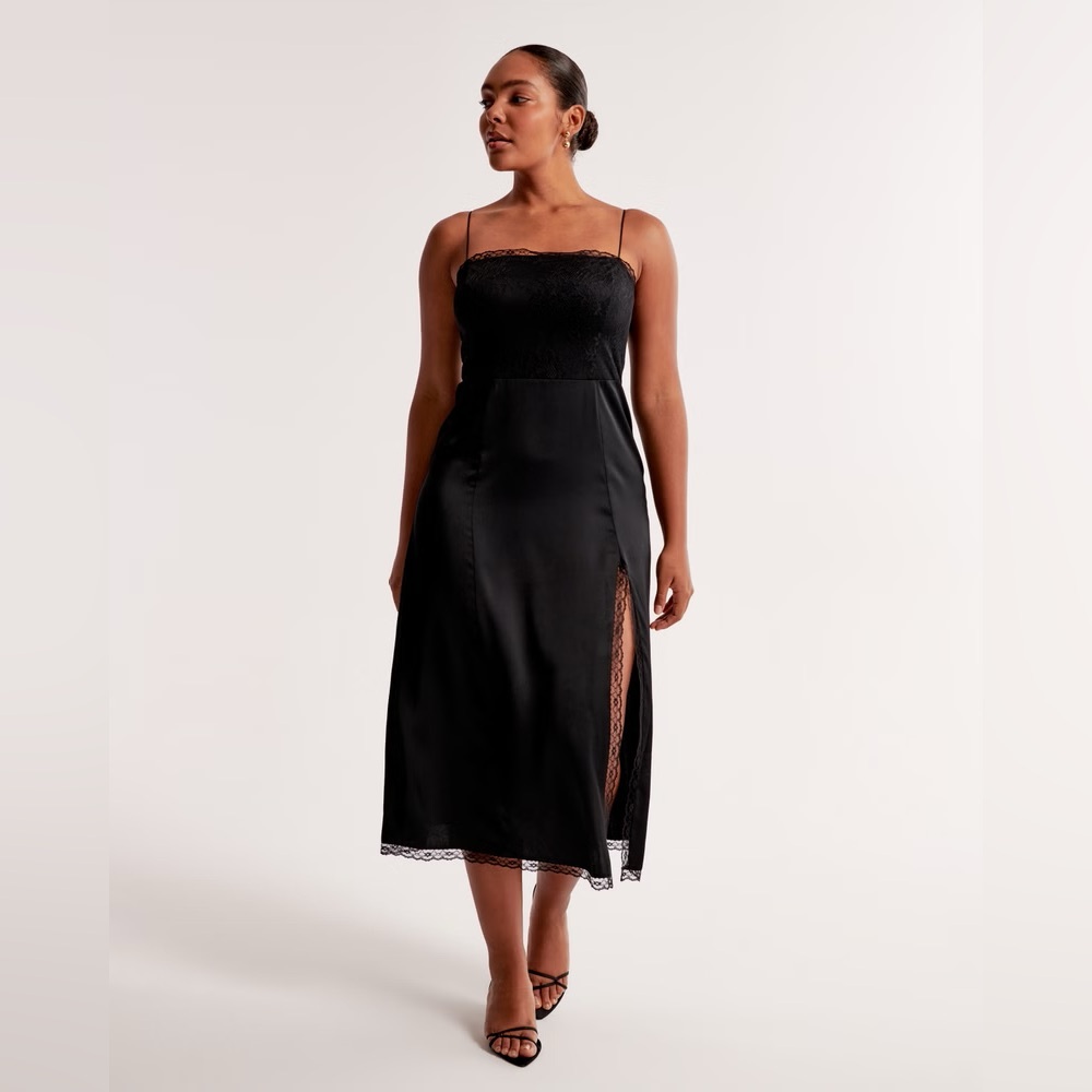 Free People Black Lace Trim Tie Back Satin Midi Slip Dress